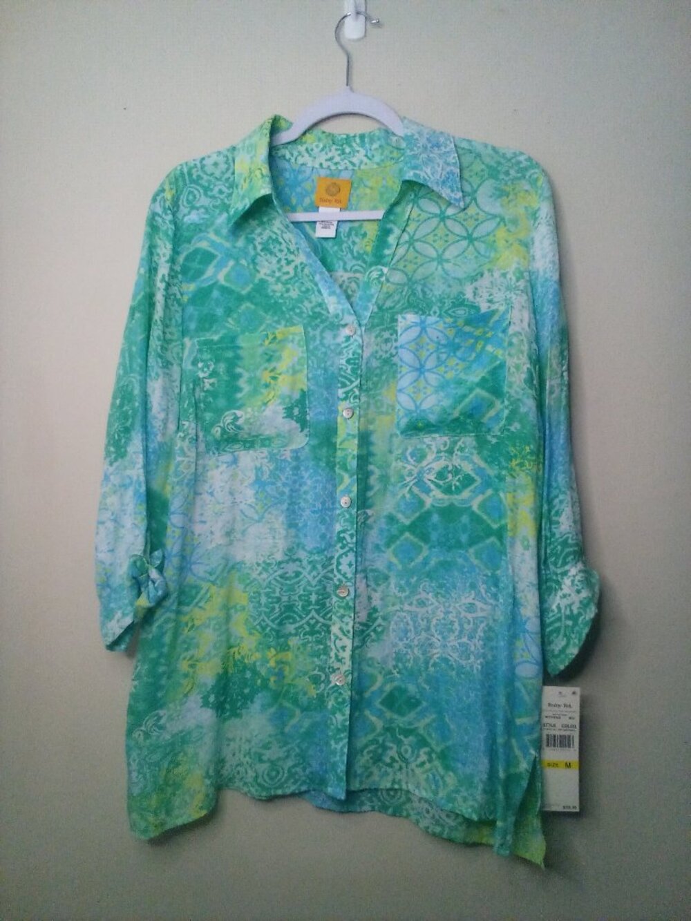 Ruby Rd Shirt Women M 3/4 Sleeve Button Up Pattern Blue Green